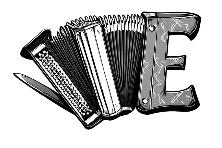 Trowel, accordion, letter E, fineline tattoo tattoo design idea