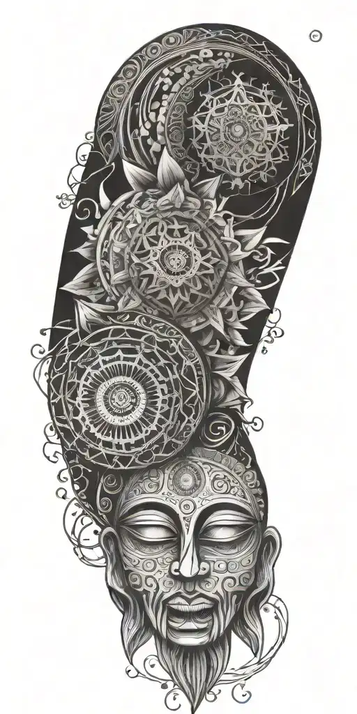 Blend Buddhist mandalas, fine-line wood grain, anime elements, and subtle gaming symbols into a cohesive, flowing design tattoo design idea
