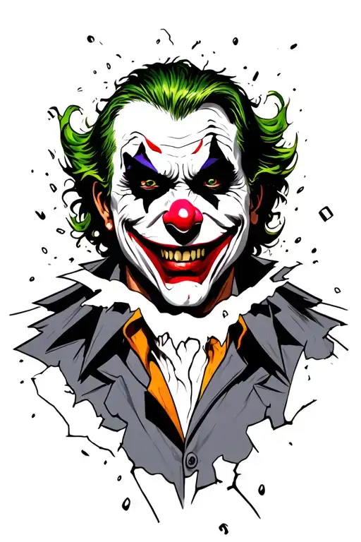 A sinister joker face emerging from cracked, peeling skin, with vibrant colors and menacing grin, symbolizing inner chao tattoo design idea