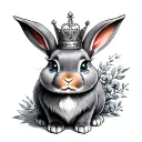 Tattoo of gray Dutch rabbit sitting with blue eyes, a crown, and eyebrow piercings tattoo design idea