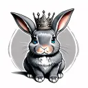 Tattoo of gray Dutch rabbit sitting with blue eyes, a crown, and eyebrow piercings tattoo design idea