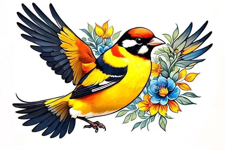 goldfinch in flight tattoo design idea