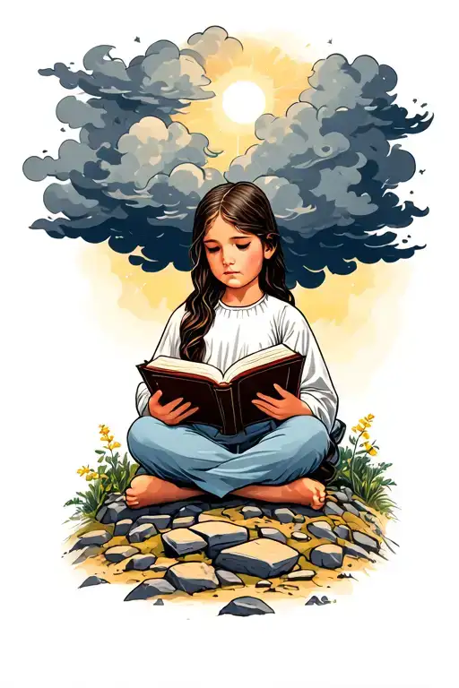 little girl reading the Bible with dark clouds over her and a rocky road facing a bright future  tattoo design idea
