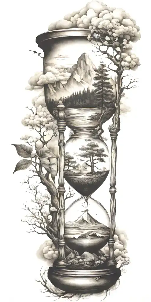 mountains, clouds, animals, hourglass , tree tattoo design idea