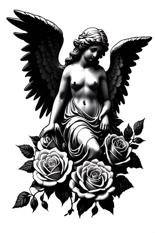 the number 444, roses, angel statue tattoo design idea