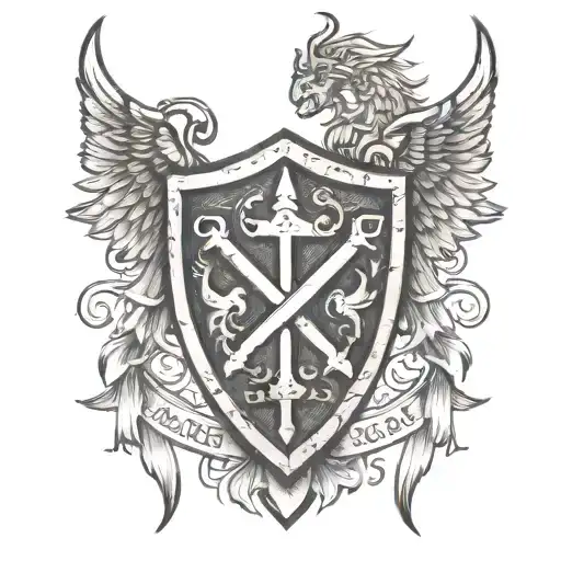 shield with viking warhammers crossed on it, crossed swords behind the shield and spread angels wings on either side tattoo design idea