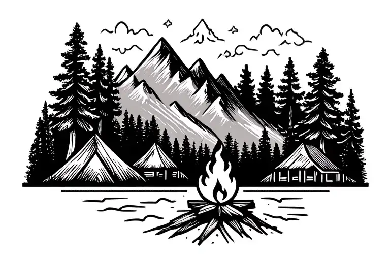 simple tattoo that represents Hiking, mountains, camping, campfire, black and white, forest, no people tattoo design idea