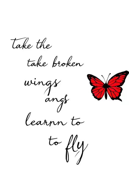 red and black ink, dainty design with “ take the broken wings and learn to fly”, butterfly tattoo design idea