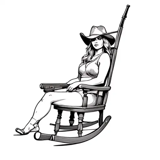 woman sitting rocking chair with shotgun western tattoo design idea