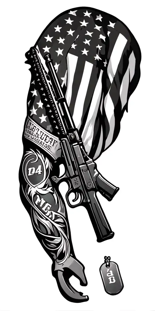military sleeve tattoo with flag, dog tags and m1grand gun tattoo design idea