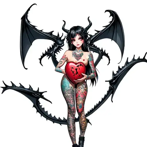 tattooed anime demon girl holding a shattered heart surrounded by a voodoo black dragon tattoo design idea