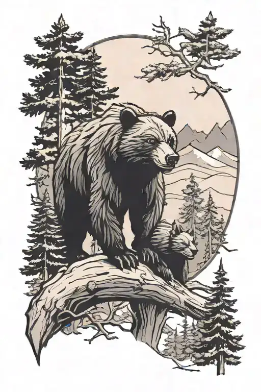 Bear, wolf, and toothless night fury in pine trees tattoo design idea