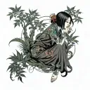 gothic woman surrounded by weed tattoo design idea