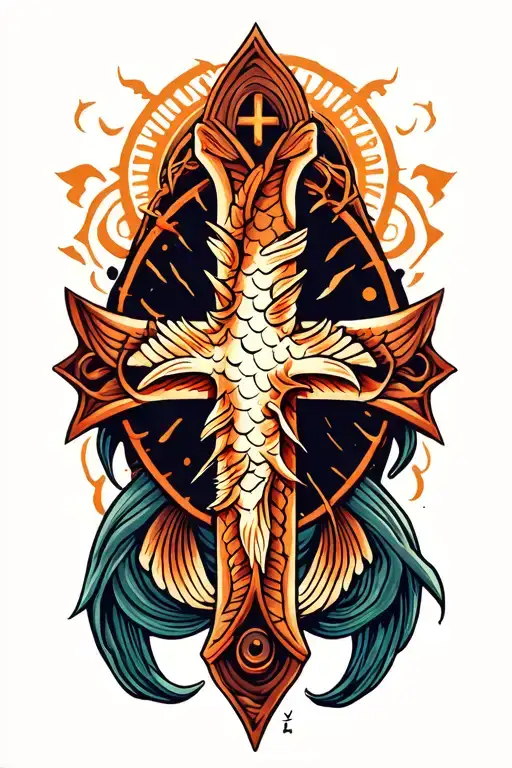 cross with Christian fish symbol intertwined tattoo design idea
