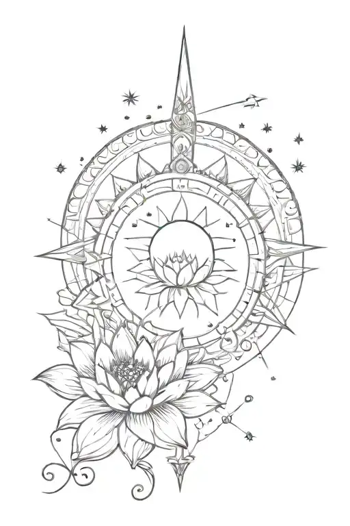 crescent moon, lotus, sun, eye, sword, stars bohemian feminine. Thin line. long tattoo. tattoo design idea