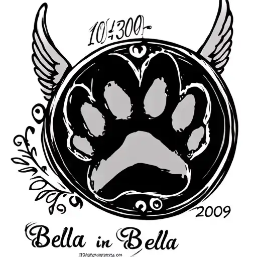 paw print with angel wings around and the dates 10-30-2009 and the name Bella in it tattoo design idea