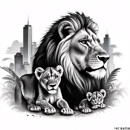 realism male and female lion with 2 cubs surrounded with city jungle background tattoo design idea