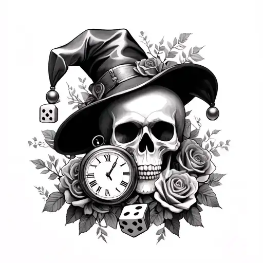 Skull and clock and dice and roses and vines and jester hat. tattoo design idea