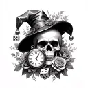Skull and clock and dice and roses and vines and jester hat. tattoo design idea