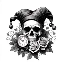 Skull and clock and dice and roses and vines and jester hat. tattoo design idea