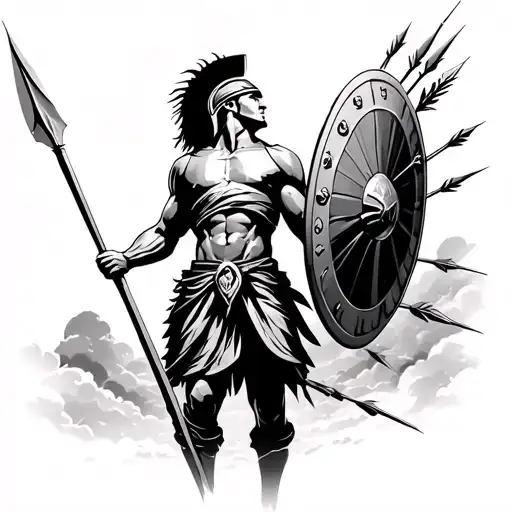 design a black and white tattoo of a spartan with a spear and shield looking up in the sky with arrows in his back tattoo design idea