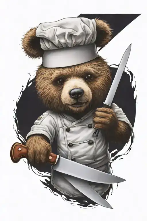 a sarcastic teddy bear who is a professional chef holding a chef knife  tattoo design idea