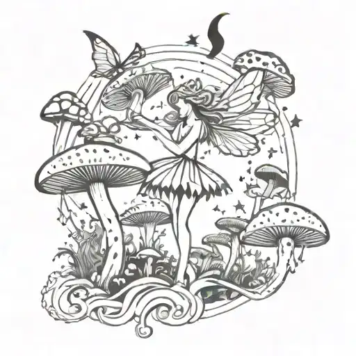 A large tattoo with multiple whimsical fairy’s flying around, surrounded by psychedelic mushrooms, with stars, and laven tattoo design idea