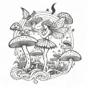 A large tattoo with multiple whimsical fairy’s flying around, surrounded by psychedelic mushrooms, with stars, and laven tattoo design idea