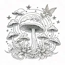 A large tattoo with multiple whimsical fairy’s flying around, surrounded by psychedelic mushrooms, with stars, and laven tattoo design idea