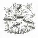 A large tattoo with multiple whimsical fairy’s flying around, surrounded by psychedelic mushrooms, with stars, and laven tattoo design idea