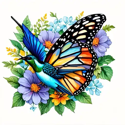 Monarch butterfly and blue humming bird with flowers tattoo design idea