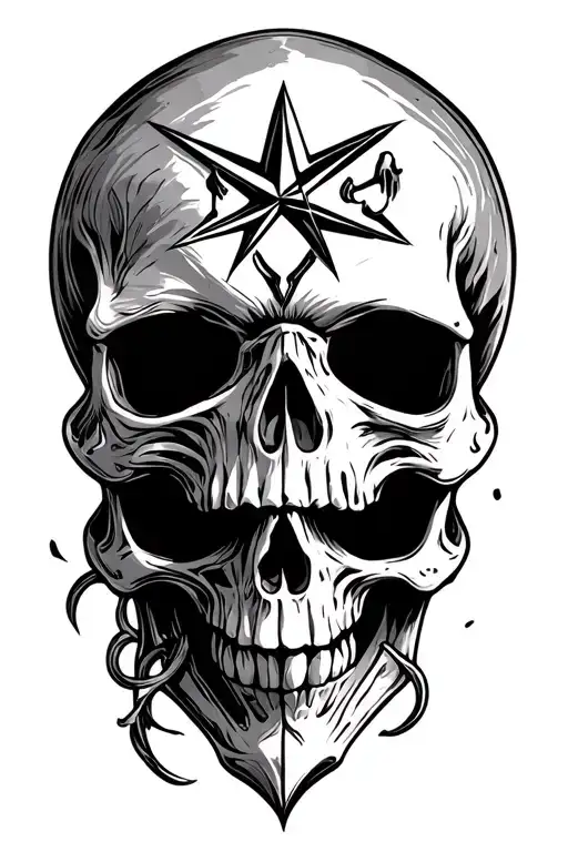 (skull anchor, facing forward, sharp defined teeth:1.4),  (8-pointed chaos star low contrast directly behind skull:1.2)  tattoo design idea