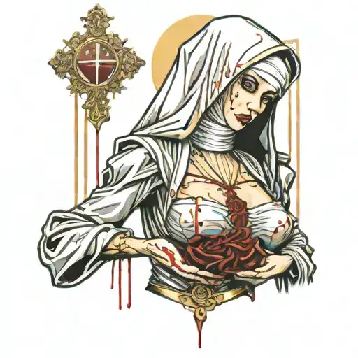 Sexy Nun, huge boobs,, revealing attire, seductive facial expressions, gold cross dripping blood, Lingerie, sexual tattoo design idea