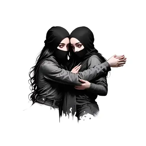 Two girls in a balaclava hug one is grabbing the sides tattoo design idea