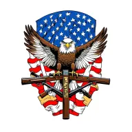 A patriotic bald eagle perched on the Cross Rifles of the US Army Infantry with an American flag in the background. tattoo design idea