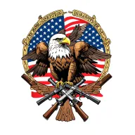 A patriotic bald eagle perched on the Cross Rifles of the US Army Infantry with an American flag in the background. tattoo design idea