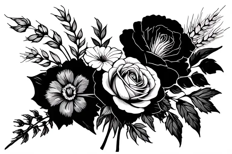 A bouquet of flowers composed of a rose, a gladiolus, an ear of wheat, a geranium flower, a camellia... tattoo design idea