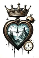Crown heart, road, compass, time, mountain or hiking tattoo design idea