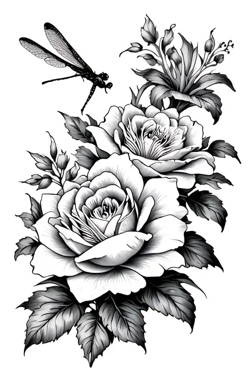 Rose, Tiger lily, peonie flowers with dragonfly perched tattoo design idea