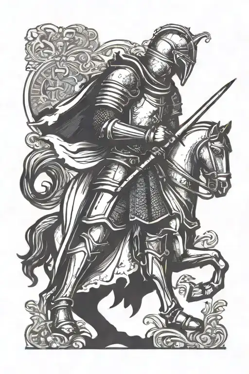 A minimalist tattoo design of a medieval knight standing tall, holding a sword at his side. The knight’s silhouette is s tattoo design idea