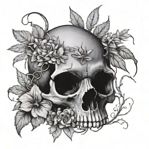 2 realistic rat skull surrounded with plants growing tattoo design idea