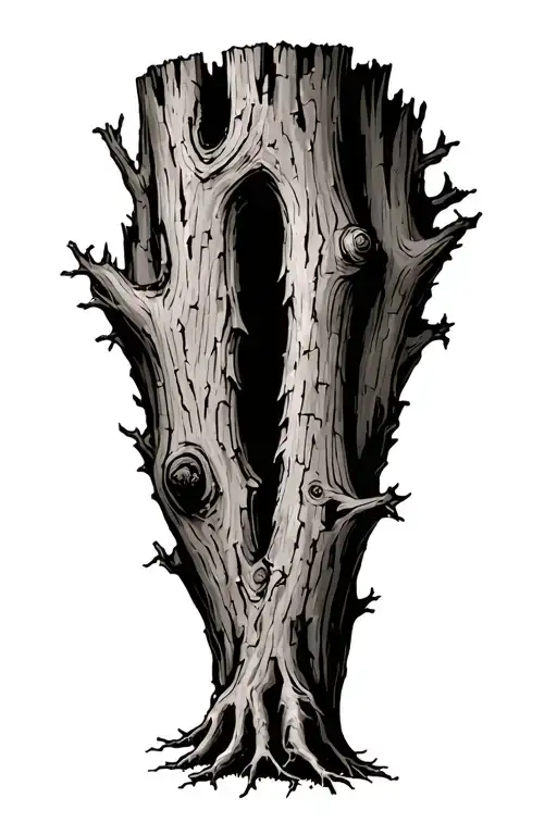 old battered and cracked tree trunk that has been cut off at the top but has strong roots. halfway up the tree, create a tattoo design idea