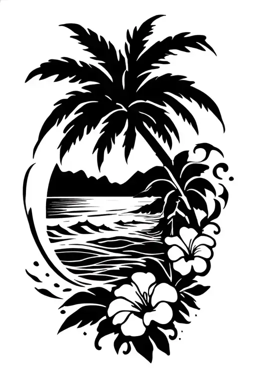 beach with palm tree and ocean waves crashing with hibiscus vine on the right side tattoo design idea