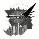 Airplane flying over a city made of stock market graph intertwined tattoo design idea