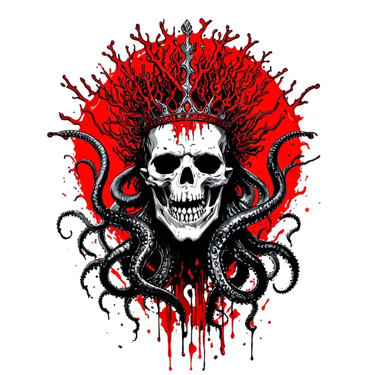 King Of Bones With A Coral Crown, Hades 2 Style, Eldritch, Tentacles, Lovecraftian, Deep Sea background  tattoo design idea