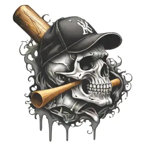 Skull with crossed baseball bats and other baseball elements tattoo design idea