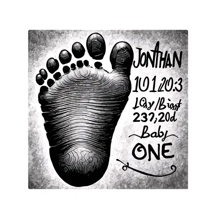 "Jonathan 10/10/2023" baby foot print with name and birth day one" written tattoo design idea