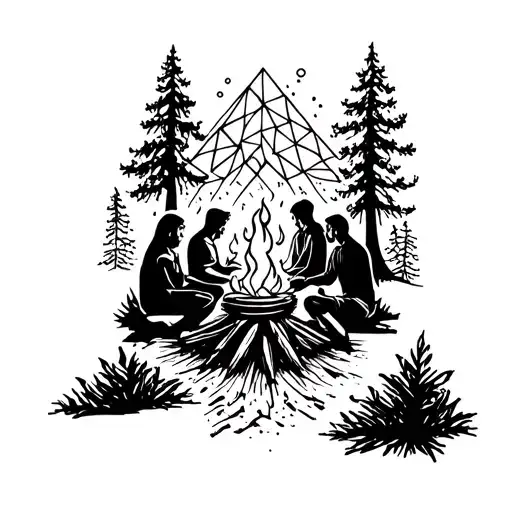 A group of friends sitting around a campfire in a forest setting, with intricate geometric patterns incorporated into the flames and trees tattoo design idea