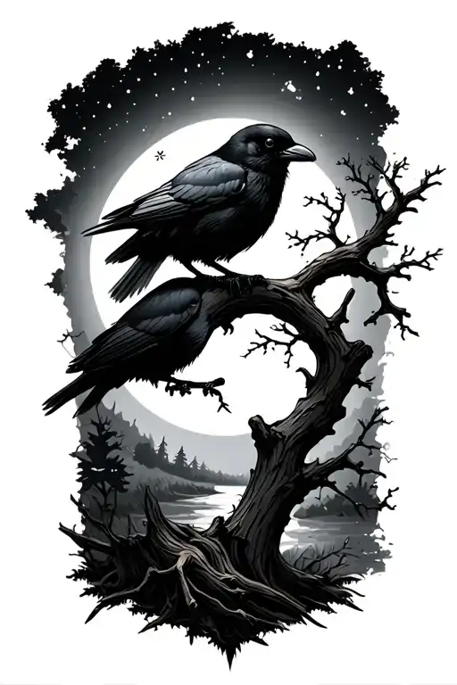 night sky, crows, tree branch, time tattoo design idea