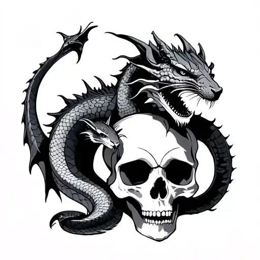 black and grey dragon, snake and rat  on a skull tattoo design idea